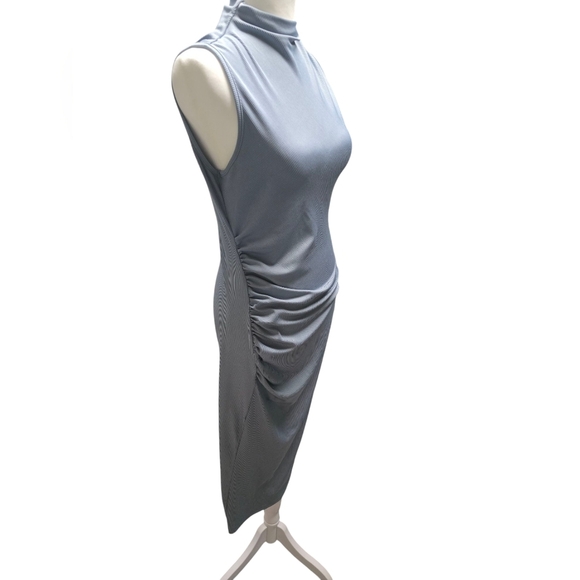 Solid High Neck Ruched Sleeveless Midi Dress - Picture 3 of 5